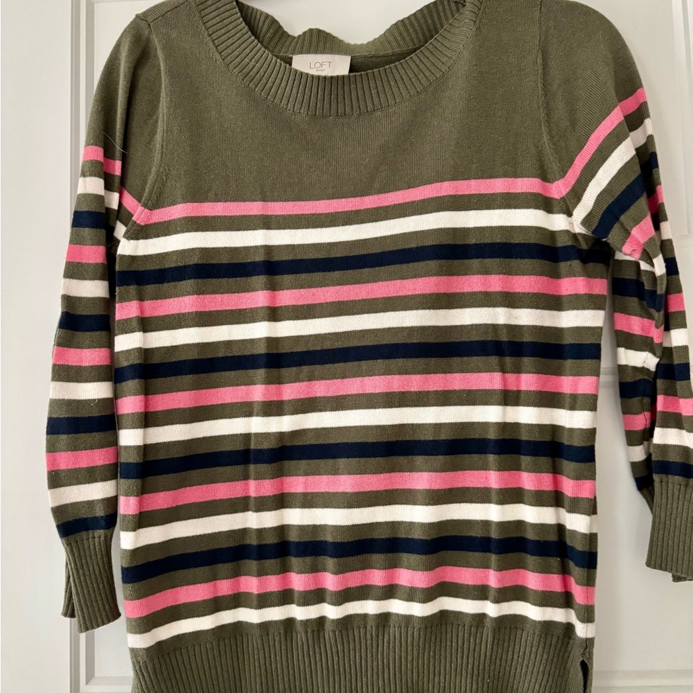 LOFT Women's Striped Sweater - Olive and Pink
